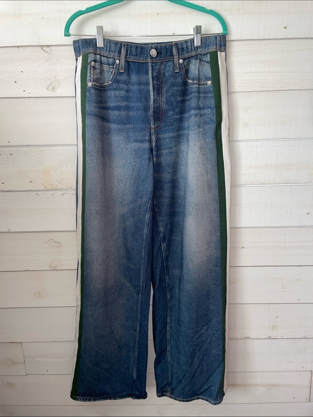 rag & bone Blue Denim sweatpants Wide-Leg Jeans with Green & White Side Stripes